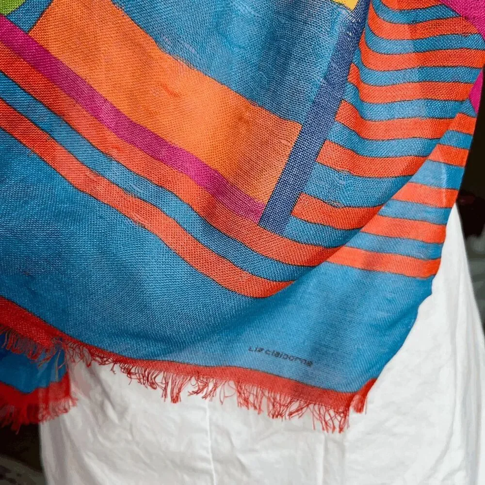 VTG Liz Claiborne Geometric Scarf 17x56 Memphis Colorblock Fringe Dopamine